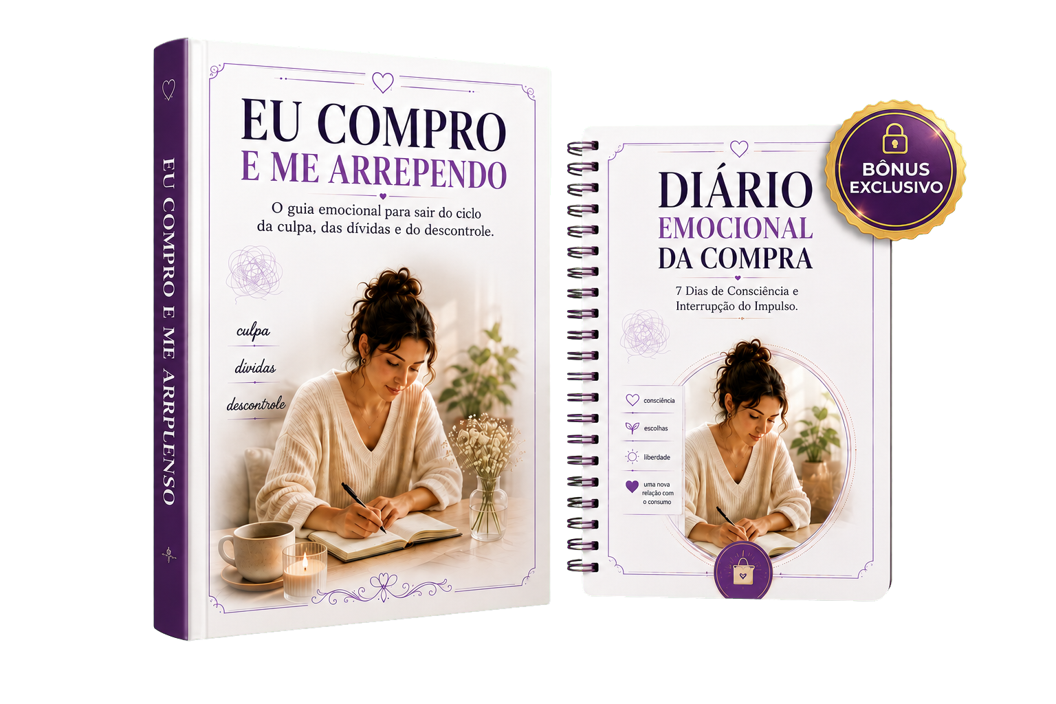 Capa do e-book Eu Compro e Me Arrependo e do bônus Diário Emocional da Compra, por Maria Fernanda Marcondes